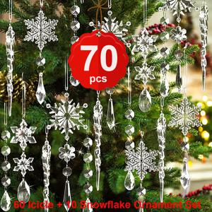 TEMU 70개 반짝이는 아크릴 눈송이 & 고드름 장식품 (걸이 고리 포함) - 투명한 겨울 매달기 펜던트, 크리스마스, 새해, 트리 장식용 - 다중 휴일 장식 (70개), 크리스마스 장식
