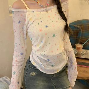 TEMU 스위트 앤 쿨 오프숄더 긴팔 별 패턴 경량 커버업 캐미솔 세트, 순수한 욕망 투피스 의상