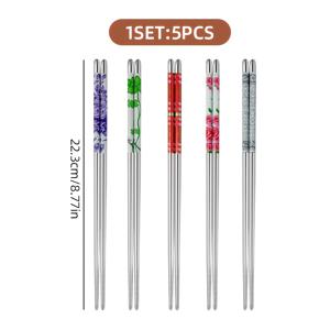 TEMU 스테인리스 스틸 5쌍용기 세트 - 재사용 가능, 식기세척기 안전, 경량형 미끄럼방지 꽃무늬와 컬러팁, 둥근모서리로 초밥·국수·볶음요리에 적합한 일본&한국풍 주방도구. 내구성과 위생을 고려한 금속젓가락으로 집이나 레스토랑에서 사용하기 좋은 아시아 요리를 위한 프로페셔널급 수저