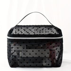 TEMU 메이크업 백 - 심플한 패션 여성용 대용량 사각 화장품 정리함 핸들 포함 - 블랙 플로킹 작은 하트 - 편리한 화장품 가방 - 비치백 - 실버 지퍼 디자인의 블랙 패브릭 - 여행 및 일상 사용에 적합 - 학생, 직장인, 일상 사용을 위한