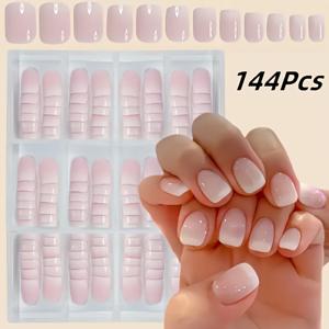 TEMU 144피스 숏 스퀘어 프레스온 네일 세트, 핑크 그라데이션 프렌치 스타일 애프리콧 옴브레 소프트 젤 네일 팁, DIY 쉬운 적용, 네일 액세서리, 여성에게 이상적
