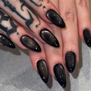 TEMU 10개입 K'APEINE 롱 슬림 아몬드형 매그네틱 프레스온 네일 - 블랙 캣아이 글리터 팁, 고딕 Y2K 속눈썹 스타일 파티, 웨딩, 프롬용 네일 연장 - 광택 핸드메이드 스타일