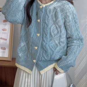 TEMU 일본 및 한국 스타일 1피스 컬러 블록 긴팔 여성 가디건, 하트 버튼 라운드넥 탑, 루즈 레이지 스타일 디자인 감성 부드러운 스웨터 코트, 봄, 가을, 겨울에 적합, 여성 생일 선물, 여성 의류