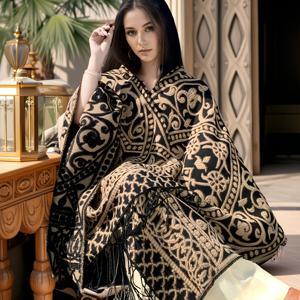 TEMU 플러스 사이즈, 가을/겨울용 두꺼운 빈티지 길상운 자카드 후드 따뜻한 프린지 여성 케이프 숄