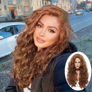 TEMU 여성용 롱 브라운 컬리 가발 - 웨이브 헤어 가발, 합성 섬유, 중앙 가르마, 코스프레 가발, 부드러운 웨이브 헤어, 데일리 파티 할로윈 코스튬용