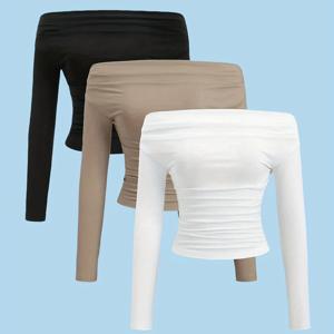TEMU 여성용 오프숄더 긴팔 엘레강스 스트레치 티셔츠 3pcs