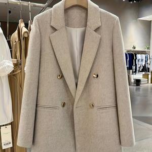 TEMU 가을-겨울 신상 여성 혼방 원단 더블 브레스트 피 코트 | 메탈 버튼의 영국 스타일, 긴소매, 캐주얼 오피스 웨어를 위한 루즈핏