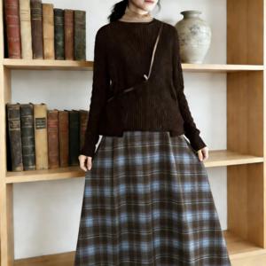 TEMU 여성용 빈티지 브라운-블루 체크 미디 스커트 - 하이웨이스트 A라인 스커트, 데일리웨어 및 캐주얼 룩, 북스토어부터 세미포멀 이벤트까지, 세탁기 사용 가능 (봄 여름 가을) - 모든 하체 타입에 어울리는 논스트레치 스커트
