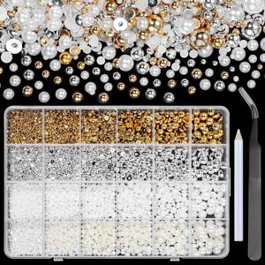 TEMU 박스당 5000개 골드 실버 플랫백 공예용, 하프 라운드 네일 젬, 2-8mm 화이트 베이지 비즈, DIY 페이스 메이크업용 픽업 펜슬 집게포함, 4색 하프 라운드