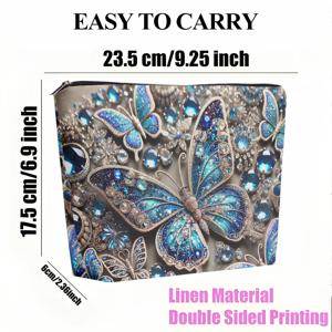 TEMU 메이크업 파우치 1개, 파란 보석으로 둘러싸인 나비 리넨 화장품 파우치 여성용, 양면 프린트 지퍼 클로저, 메이크업, 연필, 여행 필수품을 위한 다기능 정리함 - 친구를 위한 이상적인 선물