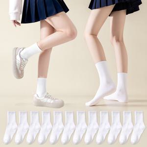 TEMU 12켤레 여성 장목 양말 세트, 흰색, 검정, 통기성 좋은, 봄 여름 가을 사계절용, 학생 교복 크루 삭스