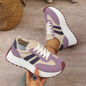 TEMU 2026 봄 신상 여성 캐주얼 스포츠화 5cm | 두꺼운 밑창, 키높이, 다용도, 빈티지 스타일, 로우탑, 패브릭 & 합성 소재, 솔리드 컬러, 레이스업 디자인, 여성 스니커즈