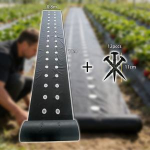 TEMU 천공형 경관 천 키트, 0.8m 폭, 열 당 두 구멍, 가든 스테이크 12개 포함, 채소 및 딸기 등 단기 작물 재배용, 잡초 방지