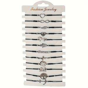 TEMU 12개 빈티지 & 시크 여성용 팔찌 세트 - 조절 가능한 수제 블랙 코드, 사랑, 나비, 클로버 참 장식 - 일상 착용 및 선물용 이상적, 스타일, 캐주얼 주얼리 착용| 팔찌 디자인| 비즈 장식