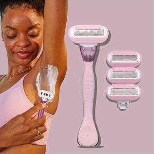 TEMU 비비드한 보라색 레이디 레저, 민감성 피부에 적합. 5중날과 윤활 비누 스트립이 특징으로 제모에 사용됩니다. 핸들 1개와 교체용 헤드 4개가 함께 제공되며 각 헤드는 30일 사용 가능합니다.