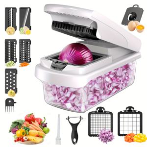 TEMU 다기능 야채 다지기 및 슬라이서, 양파 다지기 및 슬라이서, 다용도 푸드 다지기, 슬라이서 및 다이스, 토마토, 감자 및 마늘 다지기용 샐러드 도구 (물받이 바구니 및 필러 포함)
