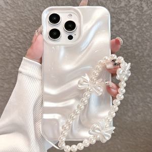 TEMU 휴대폰 케이스 - 고급 인조 진주 화이트 입체 웨이브 패턴 핸드 스트랩 휴대폰 케이스, 아이폰16Promax/16/16Pro/16Plus/15/15Promax/15Pro/11/12/13/14Promax/11Pro/11Promax/12Pro/12Promax/13Pro/13Promax/14Pro/14Promax/16Promax 호환