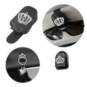 TEMU 2개 차량 햇빛 가리개 안경 홀더 - 반짝이는 라인스톤 왕관 안경 홀더 및 자석 인조 가죽 티켓 카드 홀더 - 차량 햇빛 가리개 추가 및 다용도 보관용 접착 후크