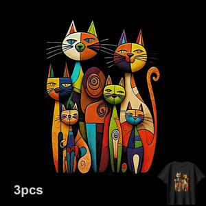 TEMU 3개 세트 컬러풀 고양이 패턴 티셔츠 아이언온 전사 데칼 DIY 열전달 스티커 의류 장식 아트 디자인, 가방 및 베개용 절단 가능 무봉제 소재, 내구성 강한 쉽게 사용 가능한 이미지 전용