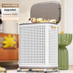 TEMU 휠이 달린 롤형 빨래바구니 - 통기성 사이드가 있는 흰색과 회색 플라스틱 바구니, 옷과 수건을 보관하기 적합한 휴대용 저장 솔루션. 기숙사, 침실, 욕실에 딱! 할로윈와 크리스마스를 위한 세탁방 액세서리