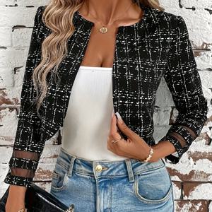 TEMU 여성용 우아한 빈티지 스타일 그리드 & 플로랄 프린트 재킷 - 라운드 넥 긴팔 메쉬 패널 , 봄/가을 캐주얼 및 정장용 중간 스트레치 소재, 세련된 태일러링