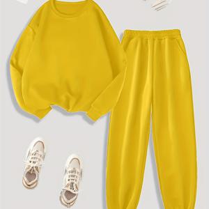 TEMU 새로운 [2pcs 세트] 루즈 라운드넥 슈트 여성용 가을/겨울 긴팔 기모 안감 두꺼운 탑 롱 팬츠 캐주얼 스포츠 투피스 세트