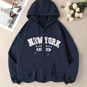 TEMU 뉴욕 프린트 드로스트링 집업 후드티, 슬랜트 포켓 캐주얼 긴팔 재킷, 여성 의류