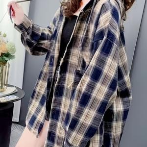 TEMU 후드가 달린 여성용 새로운 롱 체크 셔츠 재킷. 봄, 가을에 완벽하며, 몸매를 부드럽게 감싸는 루즈핏, 긴 소매로 캐주얼한 외출에 이상적입니다.