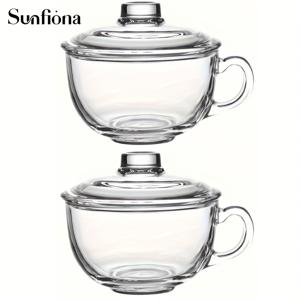 TEMU 2개입 대용량 유리 파스타 볼 (뚜껑 및 손잡이 포함) | 두꺼운 아침 오트밀 컵, 전자레인지 사용 가능, 내열성, 디저트, 파스타, 밥에 적합 - 원형 유리 볼, 무늬 없음