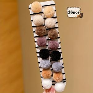 TEMU 16개 부드러운 볼 헤어 타이 세트, 다양한 색상, 사랑스럽고 귀여운 스타일, 여아 일상 및 포니테일, 번 헤어스타일에 완벽, 선물