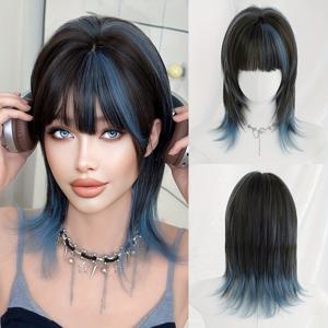 TEMU 코스튬 가발 숏 옴브레 블랙 가발 앞머리 포함 하이 레이어드 여성용 데일리 파티용 울프 테일 헤어스타일 고온 섬유 16인치