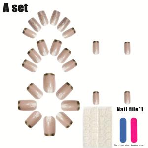 TEMU 24개입 프렌치 그라데이션 글리터 프레스온 네일 - 골든 팁, 누드 & 메탈릭 숏 스퀘어 인조네일, 젤 폴리쉬용, 젤 글루 & 네일 파일 포함, 쉽게 적용, 내구성 강한 살롱 및 가정용