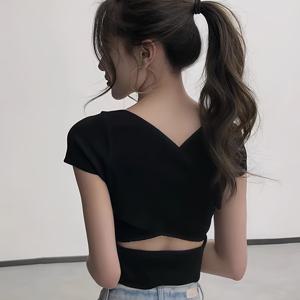 TEMU 검정색 V넥 크롭 탑, 뒷면 홈 디자인 | 캐주얼 여름 반팔, 스키니핏, 중간 정도 신축성 있는 원단