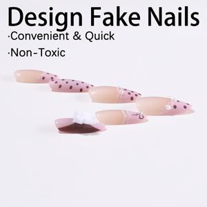 TEMU 30개입 핑크&브라운 프렌치 스타일 미디엄 아몬드 프레스온네일, 레이스 엣지 디자인 및 도트 디자인, 귀여운 리본. 달콤하고 사랑스러운 발렌타인데이 네일, 젤리 글루 1개 + 네일 파일 1개 포함