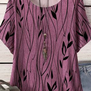 TEMU 플러스 사이즈 - 플러스 사이즈 - 여성 플러스 사이즈 잎사귀 실루엣 프린트 반팔 라운드넥 캐주얼 티셔츠, 추가 제품 없음