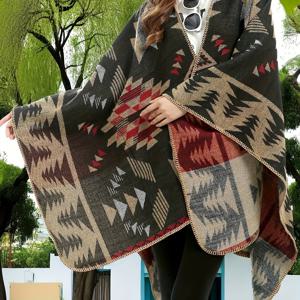 TEMU 플러스 사이즈, 패셔너블한 새로운 브랜드 기하학적 마름모 인조 보온 숄 망토 코트