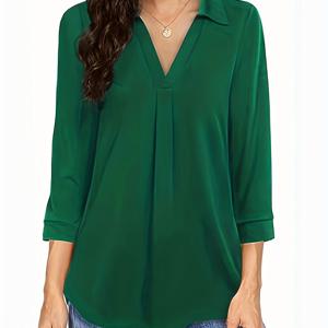 TEMU 플러스 사이즈 여성용 우아한 버건디 V넥 블라우스 - 3/4 소매 루즈핏 셔츠, 가슴 주름 장식, 세탁기 사용 가능 사계절 캐주얼 & 포멀 탑, 부드러운 질감