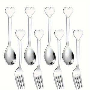 TEMU 8개/4개/2개 스테인리스 스틸 러브 스푼과 포크 쌀통 스푼 귀여운 창의적인 두꺼운 디저트 스푼 스푼 위장 접시 포크 과일 포크, 가정용 주방 및 야외 여행에 매우 적합