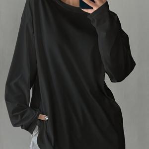 TEMU 새로운 가을/겨울 패션 여성용 단색 루즈핏 긴팔 라운드넥 긴 티셔츠