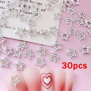 TEMU 30pcs 3D 별어미 네일 아트 차밍, 은색 주석 합금과 라인스톤 액센트, DIY 매니큐어 및 공예용 무향 네일 장식