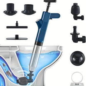 TEMU 블루 고압 파이프 막힘 해제기 - 8pcs 선물 세트 포함, 실시간 시각 압력 게이지 변기 막힘 해제기 및 배수구 청소 도구 특징, 욕실, 주방 싱크대 및 바닥 배수구에 적합