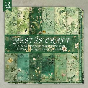TEMU 빈티지 그린 플로럴 디자인의 12매 스크랩북 용지 패드. 벌렛 저널링, 콜라주 아트, 카드, 스크랩북 및 공예에 적합한 두꺼운 카드스톡 재질로 제작되었습니다. 크기는 6인치 x 6인치입니다.