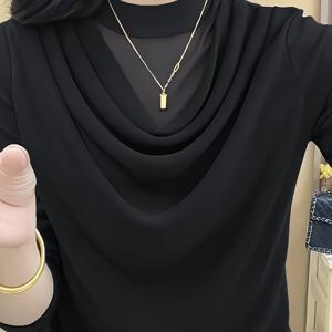 TEMU 2025 신상 여성 캐주얼 긴팔 티셔츠 - 봄/가을용 솔리드 컬러 라운드넥 셔츠, 기계 세탁 가능 일상 레이어링 필수템, 내구성 좋은 소재