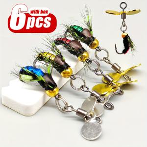 TEMU 6개입 핸드팩 리얼리스틱 플라이 낚시 루어 키트 (스피너 플라이어 & 회전 스피너 포함) - 송어, 농어, 연어용 트라우트 플라이, 님프, 웜 - 민물 낚시 장비, 다양한 색상 옵션 (트라우트, 연어)