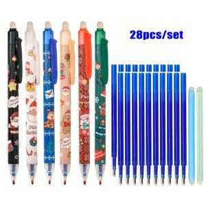 TEMU 28개/세트 크리스마스 프레스 중성펜 0.5 불릿 헤드 블루 빠른 건성 잉크 펜 꼬리 지우개 크리스마스 선물 학생 문구 선물