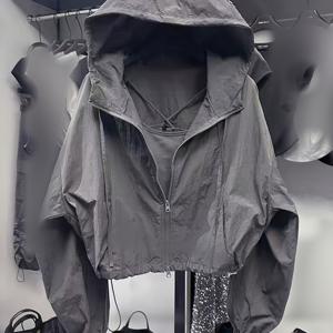 TEMU 여성 패션 캐주얼 반바지 후드 가벼운 회색 재킷 | 신축성 없는 원단, 배트윙 소매, 지퍼 잠금, 드로스트링 디테일, 봄/여름/가을용 루즈핏