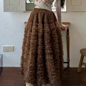 TEMU 한국식 빈티지 브라운 멀티 레이어 러플 메쉬 스커트, 신상 봄/여름 루즈 플러피 케이크 스커트, 일본식 휴가 스타일 드레스, 데일리웨어 및 파티 웨딩용