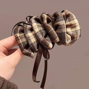 TEMU 싱글 빈티지 체크무늬 바나나 클립 | 컬러 매칭 태슬이 있는 우아한 헤어 클립, 미끄럼 방지 및 업스타일 겸용