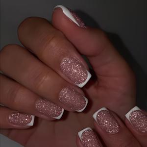 TEMU 24개 광택 중간 사각형 프레스 온 네일 핑크 및 화이트 프렌치 팁 손톱 반짝이 인공 재사용 가능한 손톱 여성용