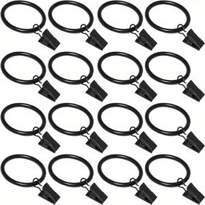 TEMU 16개 블랙 메탈 커튼 링 클립 포함 - 쉬운 설치 창문 커튼 후크, 최대 1인치 로드에 적합, 홈 데코에 완벽